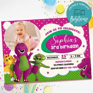 Barney Birthday Invitation with Photo Customizable Template to Print at Home Instant Download