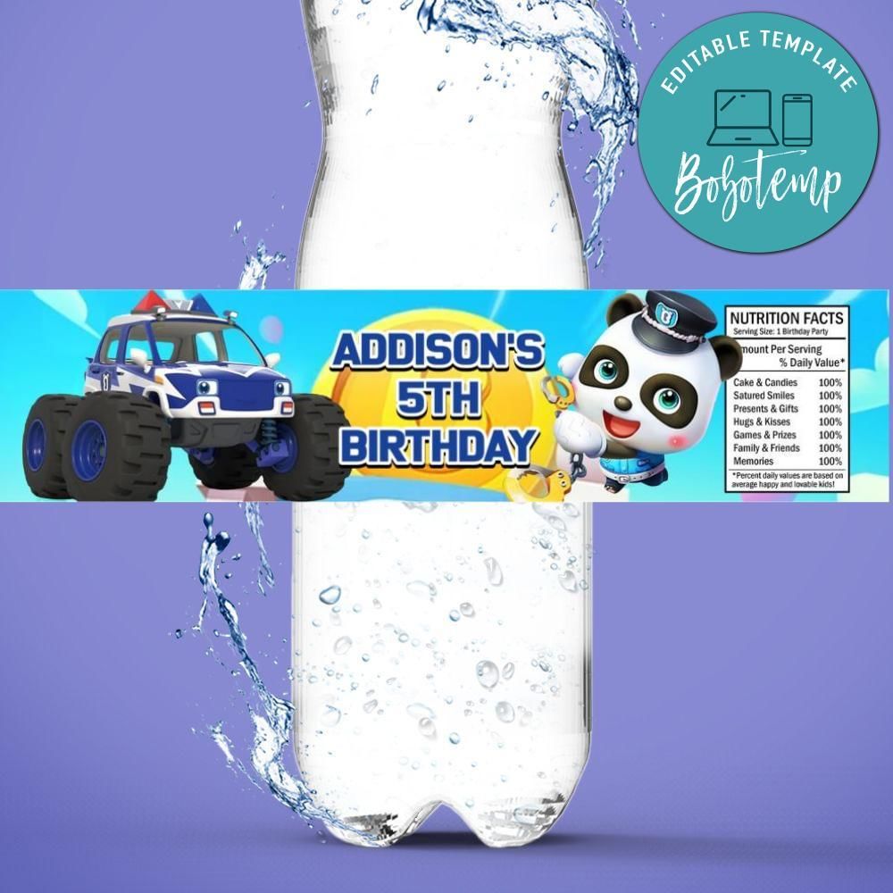 Babybus police Birthday Water Bottle Label Template to Print at Home Instant Download