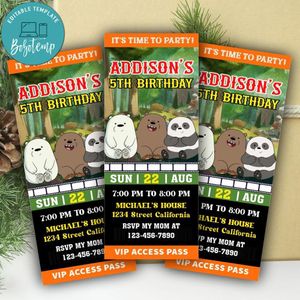 We Bare Bears Ticket Invitation Customizable Template Instant Download