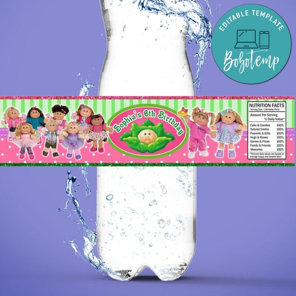 Cabbage Patch Kids Bottle Label Birthday Water Bottle Label Template to Print at Home Instant Download