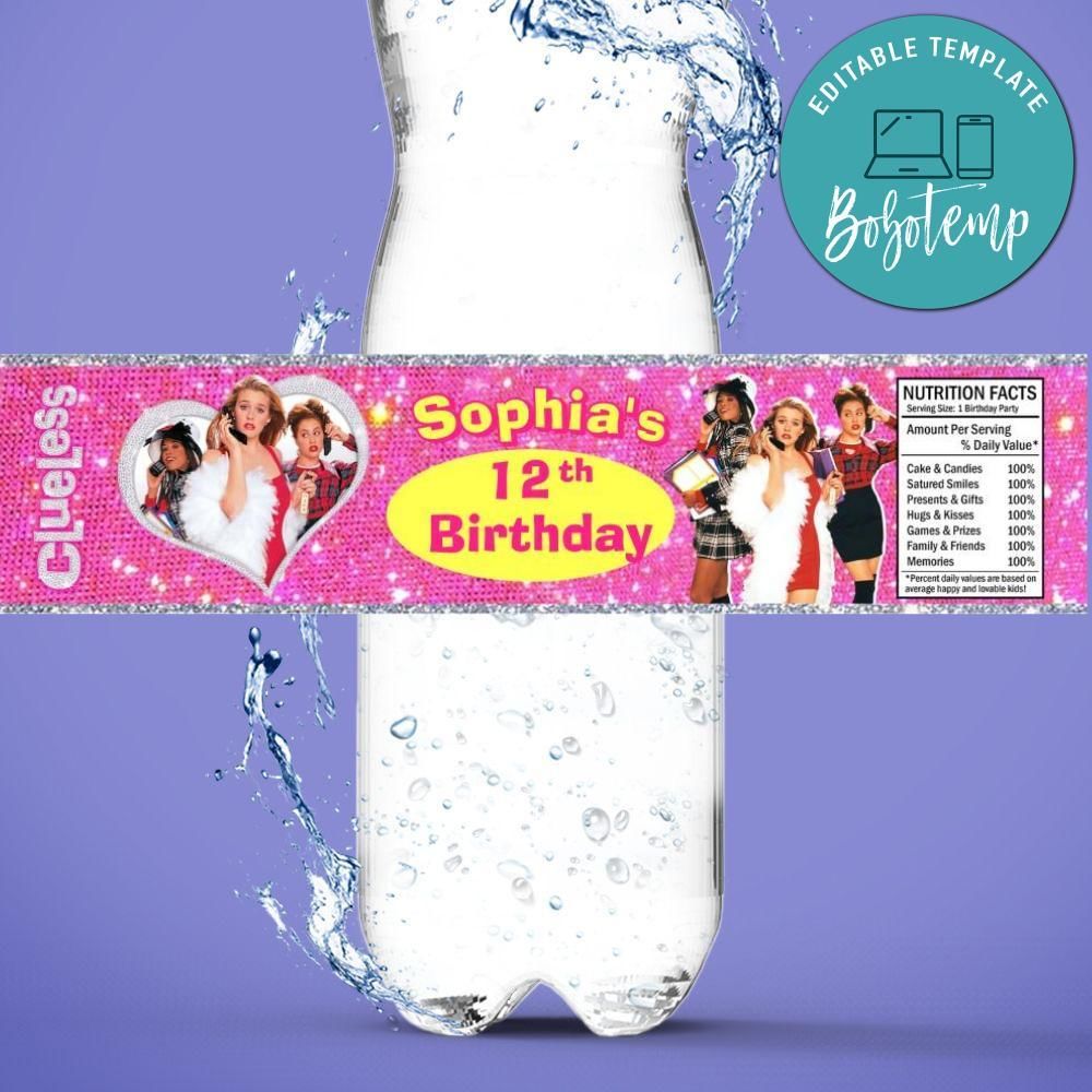 Clueless Bottle Label Birthday Water Bottle Label Template to Print at Home Instant Download