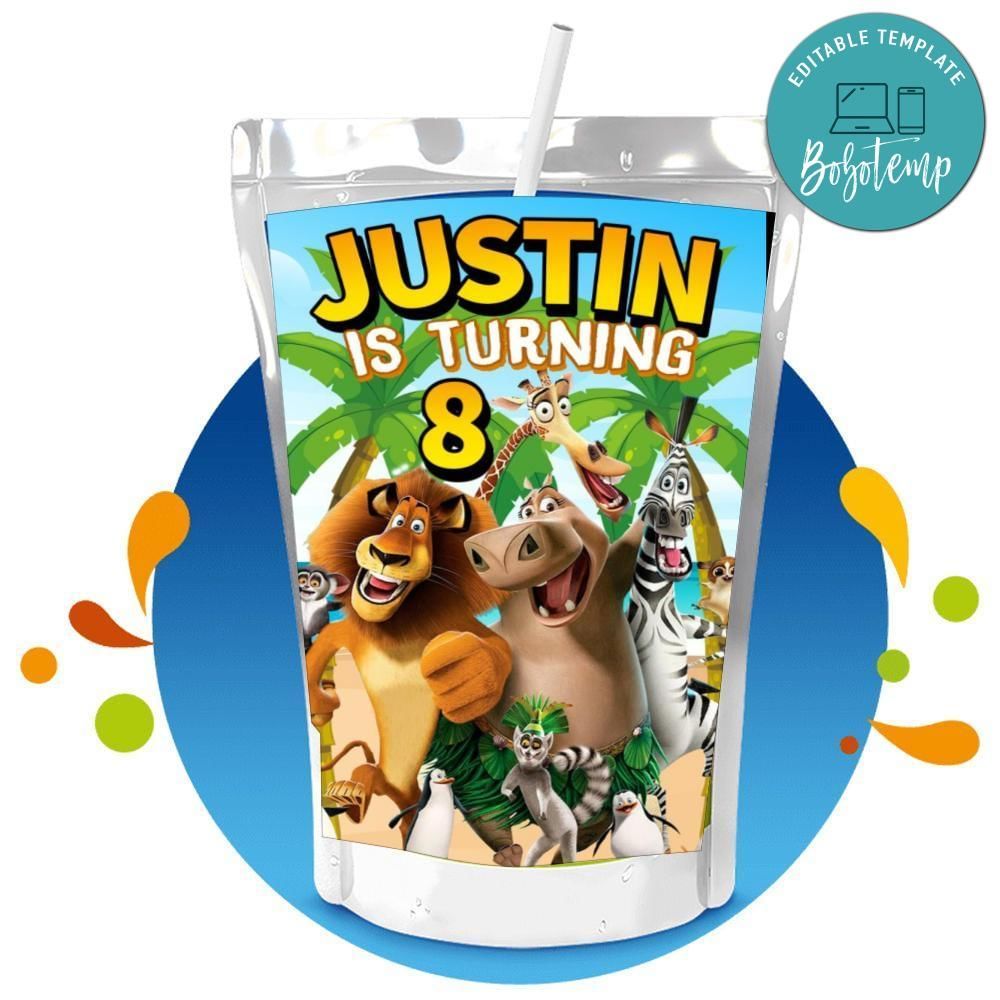 Madagascar Capri Sun Birthday Labels Digital File Printable Instant Download