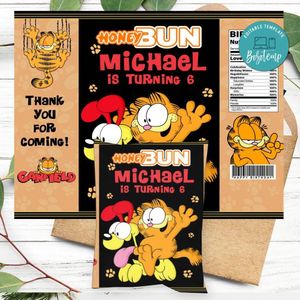 Garfield Birthday Honey Buns Snack Bag Label Customizable Instant Download