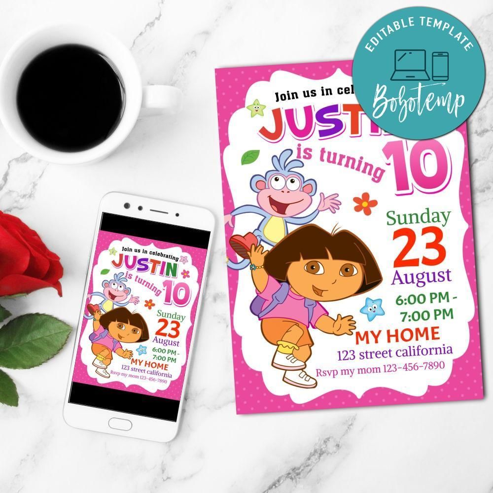 Dora The Explorer Birthday Mobile Invite Customizable Template Instant Download