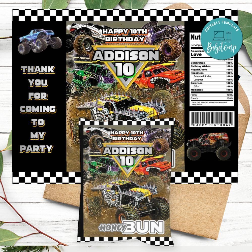 Monster Truck Birthday Honey Buns Snack Bag Label Customizable Instant Download