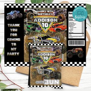 Monster Truck Birthday Honey Buns Snack Bag Label Customizable Instant Download