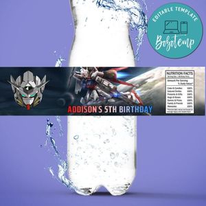 Gundam Birthday Water Bottle Label Template to Print at Home Instant Download