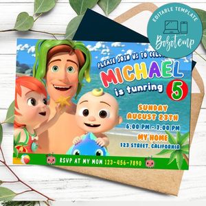 Cocomelon Beach Birthday Party Invitation Customizable Template to Print at Home Instant Download