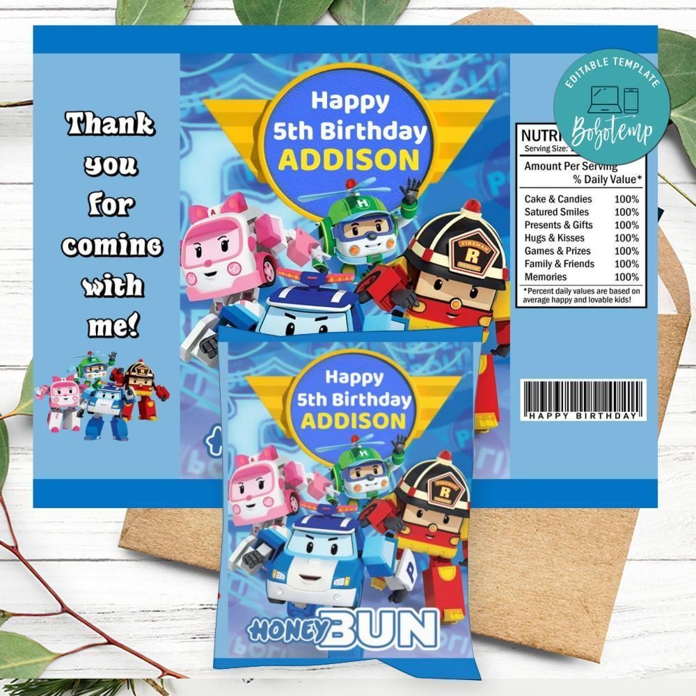 Robocar Poli Birthday Honey Buns Snack Bag Label Customizable Instant Download