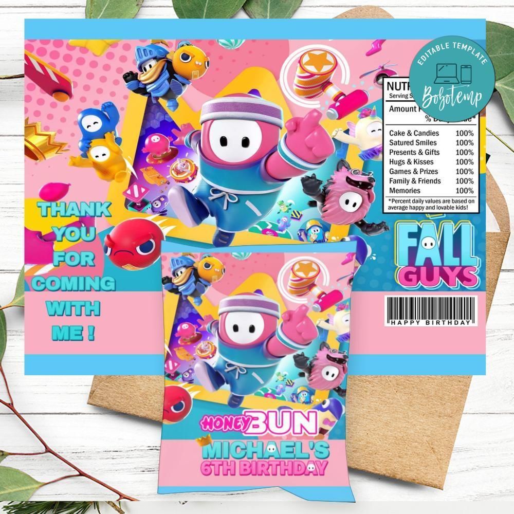 Fall Guys Birthday Honey Buns Snack Bag Label Customizable Instant Download