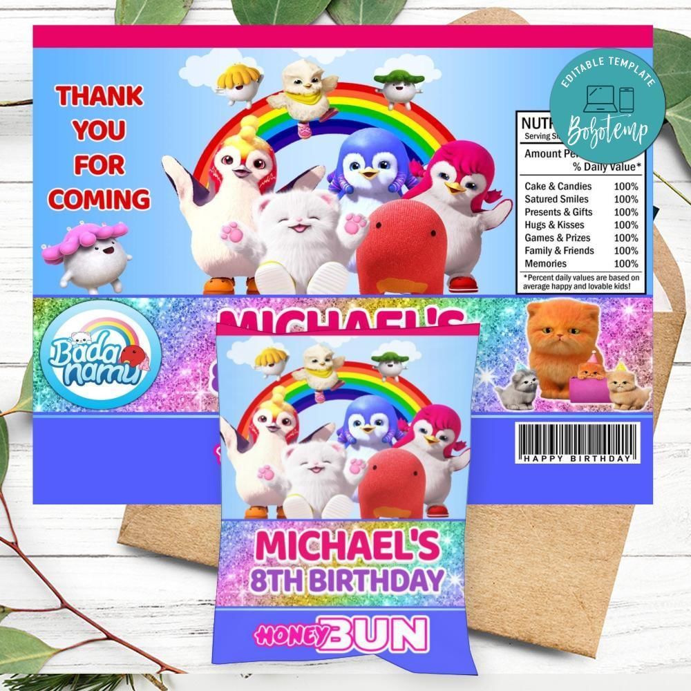 Badanamu Birthday Honey Buns Snack Bag Label Customizable Instant Download