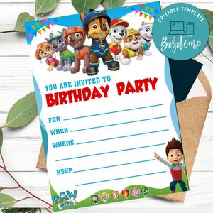 Paw patrol fill in blank Invitation Customizable Template to Print at Home Instant Download