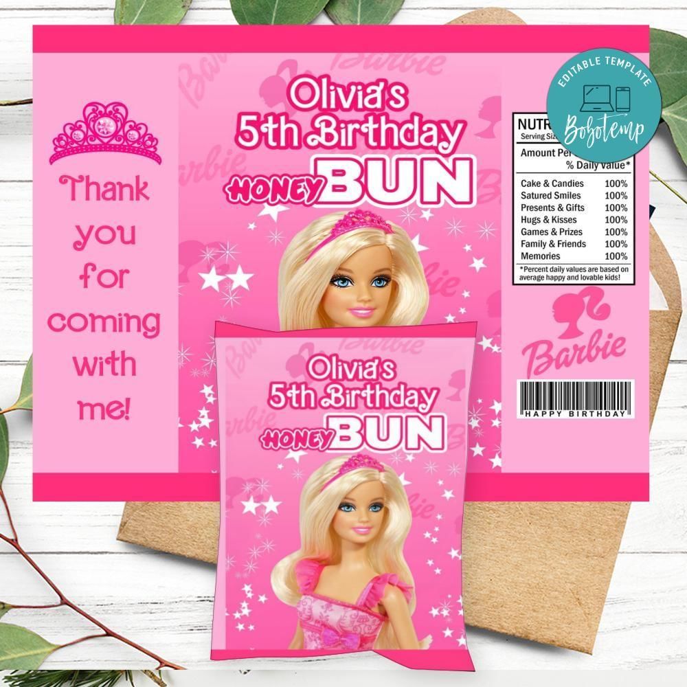 Barbie Birthday Honey Buns Snack Bag Label Customizable Instant Download