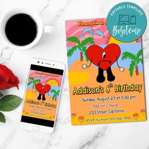 Bad Bunny Birthday Mobile Invite Customizable Template Instant Download