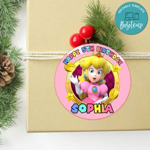 Princess Peach Circle Sticker Template Customizable to Print at Home Instant Download