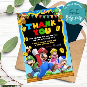 Super Mario Thank you card Customizable Template to Print at Home Instant Download