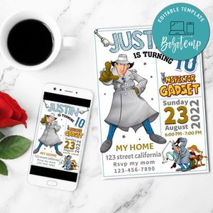 White Inspector Gadget Birthday Flyer Customizable Template to Print at Home Instant Download