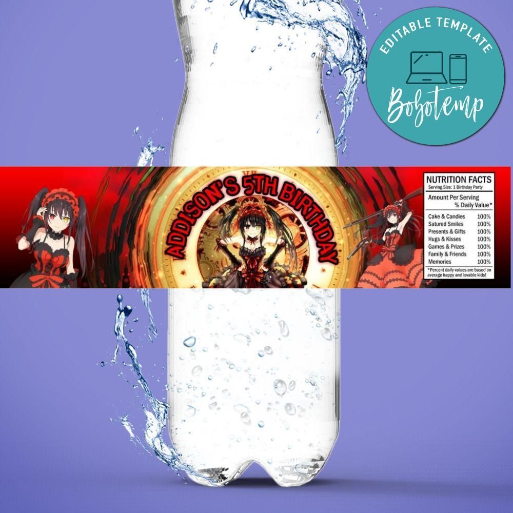 Kurumi Tokisaki Bottle Label Birthday Water Bottle Label Template to Print at Home Instant Download