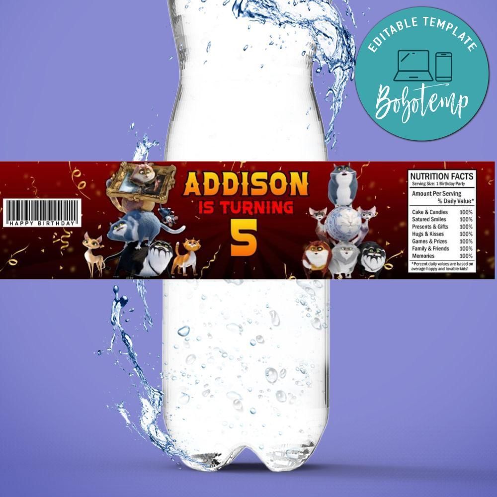 Cats in the museum Birthday Water Bottle Label Template to Print at Home Instant Download