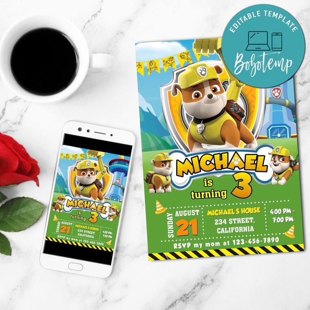 Rubble Paw Patrol Mobile Invite Customizable Template Instant Download
