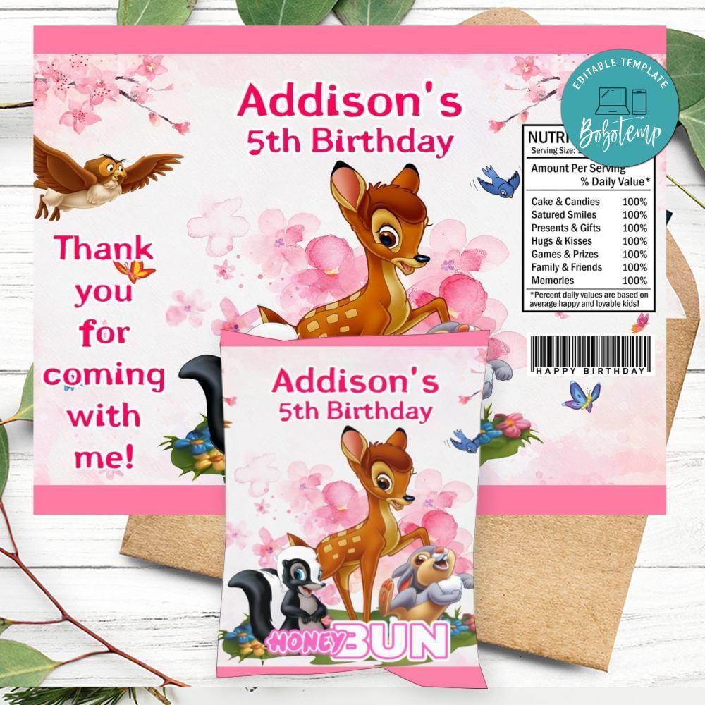 Bambi Magic World Birthday Honey Buns Snack Bag Label Customizable Instant Download