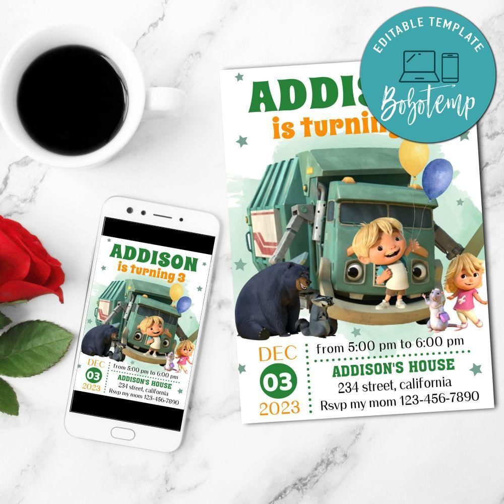 Trash Truck Mobile Invite Customizable Template Instant Download