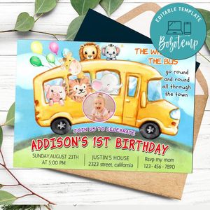 School bus animals Birthday Invitation with Photo Customizable Template to Print at Home Instant Download