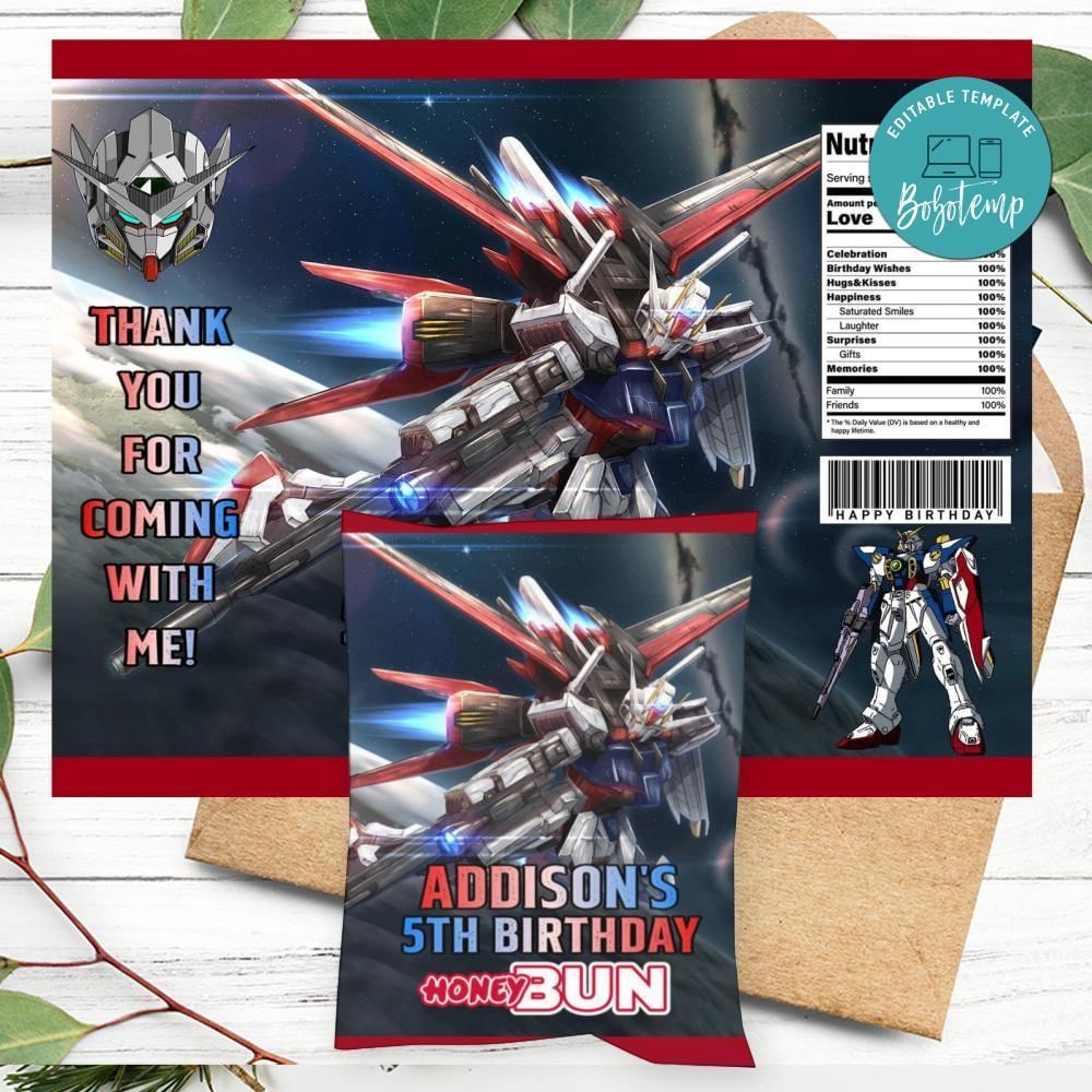 Gundam Birthday Honey Buns Snack Bag Label Customizable Instant Download