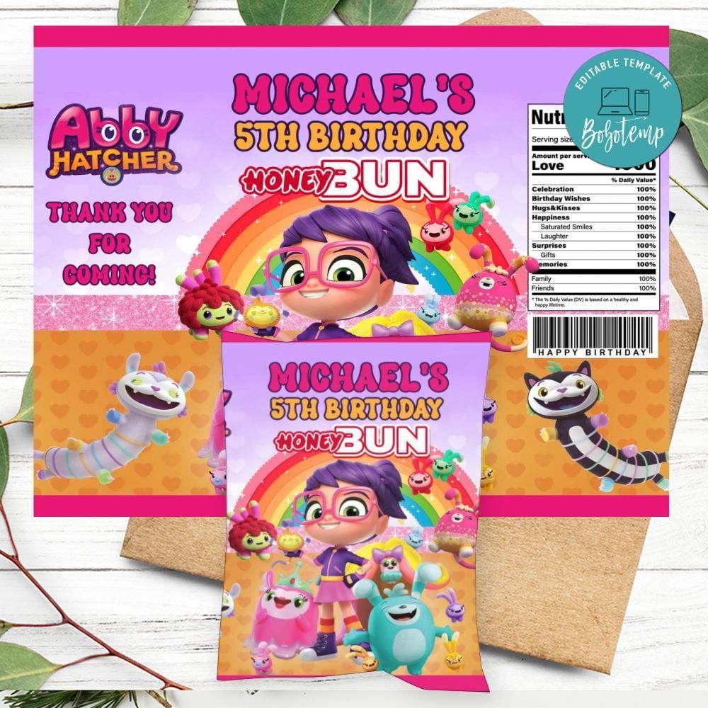 Abby Hatcher Birthday Honey Buns Snack Bag Label Customizable Instant Download