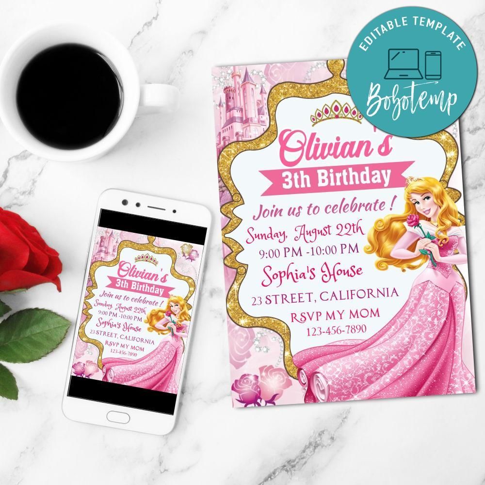 Princess Aurora Birthday Invitation Customizable Template to Print at Home Instant Download