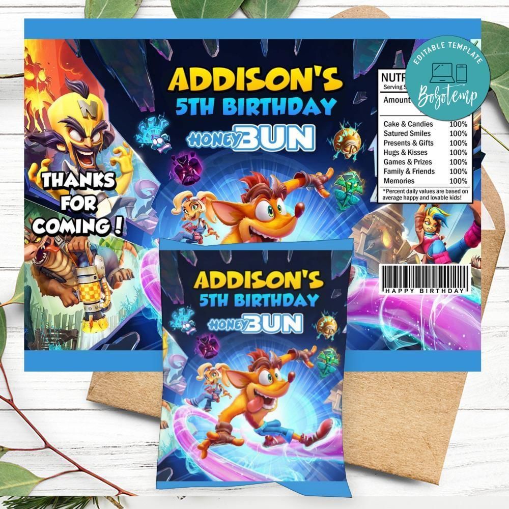 Crash Bandicoot Birthday Honey Buns Snack Bag Label Customizable Instant Download