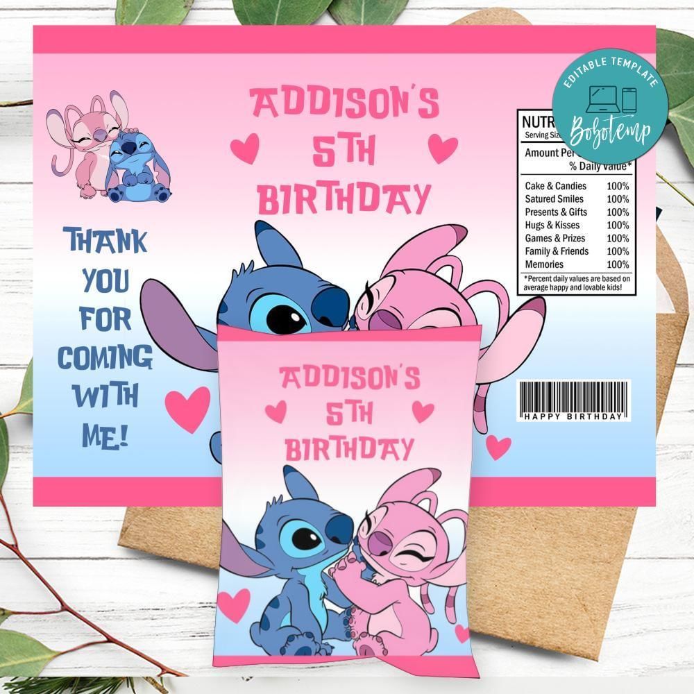 Stitch And Angel Birthday Chip Bag Label Customizable Instant Download