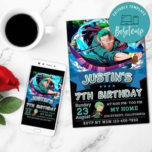 Zoro One Piece Anime Birthday Mobile Invite Customizable Template Instant Download