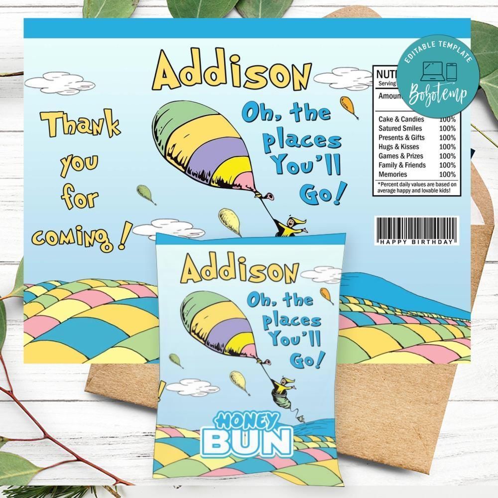 All The Places You’ll Go Birthday Honey Buns Snack Bag Label Customizable Instant Download
