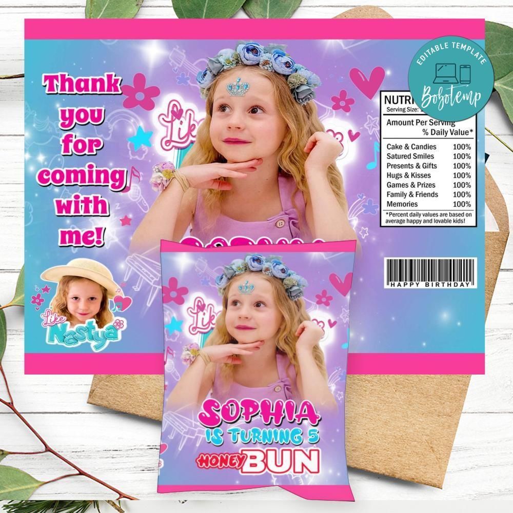 Nastya Birthday Honey Buns Snack Bag Label Customizable Instant Download
