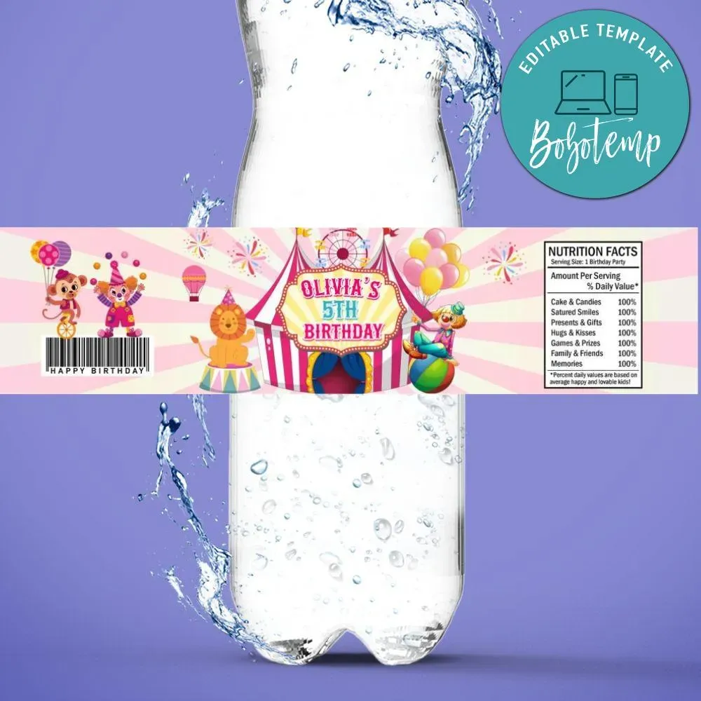 Pink carnival Birthday Water Bottle Label Template | Bobotemp