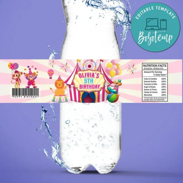 Pink carnival Birthday Water Bottle Label Template | Bobotemp for Free Printable Carnival Water Bottle Labels