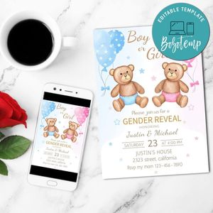 Teddy Bear Gender Reveal Invitation Digital File Printable Instant Download