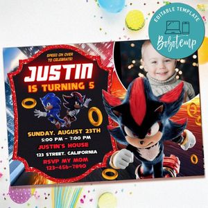 Shadow the hedgehog Birthday Invitation with Photo Customizable Template to Print at Home Instant Download