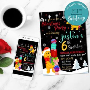 Winnie The Pooh Christmas Birthday Party Invitation Customizable Template to Print at Home Instant Download