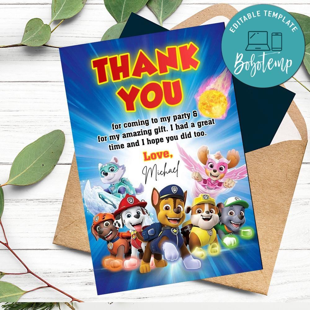 Paw Patrol Mighty Pups Thank You Card Customizable Template DIY | Bobotemp