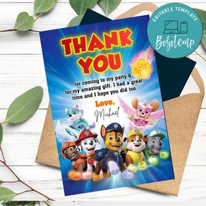Paw Patrol Mighty Pups Thank You Card Customizable Template To Print At Home Instant Download