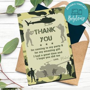 Camouflage Thank you card Customizable Template to Print at Home Instant Download