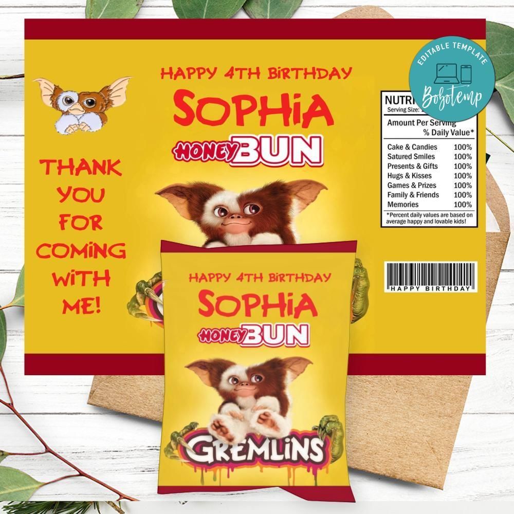 Gremlins Gizmo Birthday Honey Buns Snack Bag Label Customizable Instant Download