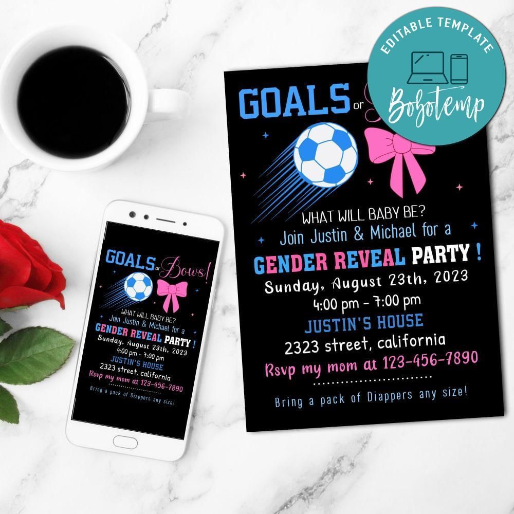 Goals Or Bows Gender Reveal Mobile Invite Customizable Template Instant Download