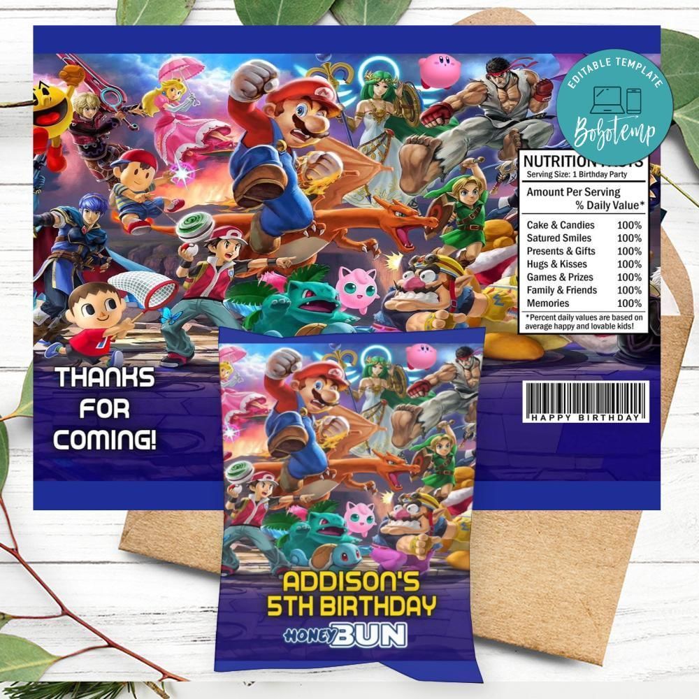 Super Smash Brothers Birthday Honey Buns Snack Bag Label Customizable Instant Download