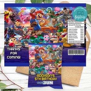 Super Smash Brothers Birthday Honey Buns Snack Bag Label Customizable Instant Download