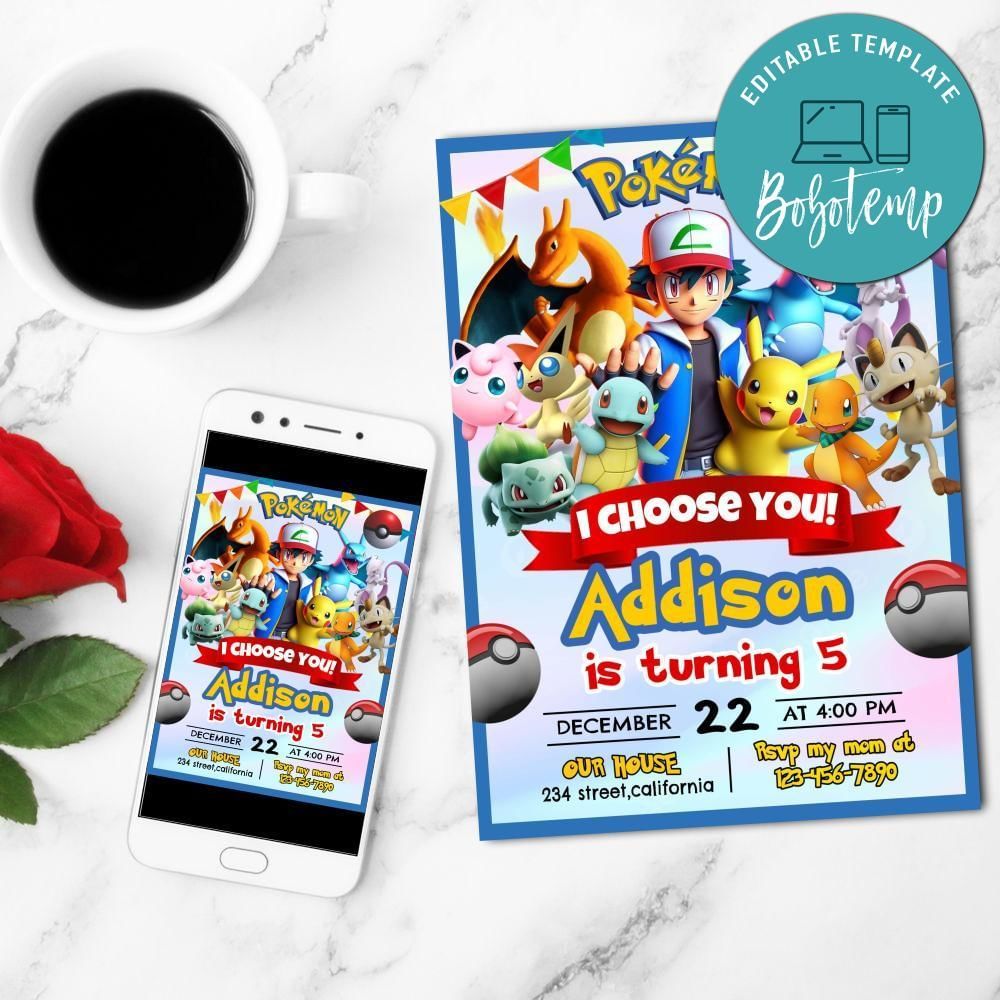 Pokemon Party Invitation Customizable Template to Print at Home Instant Download