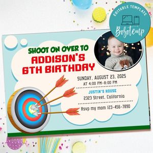 Shooting Archery Birthday Invitation with Photo Customizable Template to Print at Home Instant Download