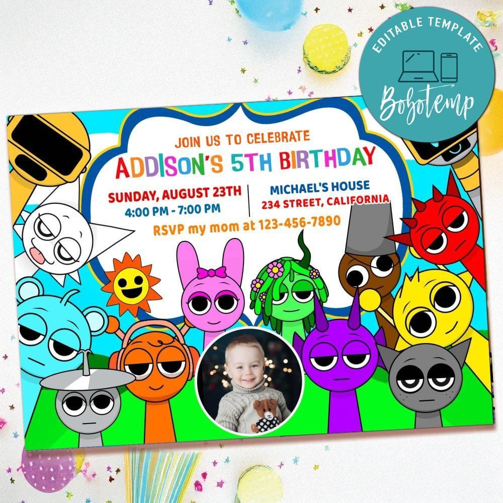 Sprunki Birthday Invitation with Photo Customizable Template to Print at Home Instant Download